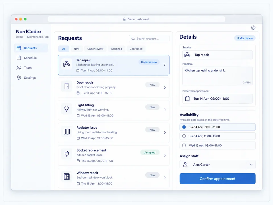 Demo dashboard with maintenance requests, staff assignment and appointment confirmation controls.