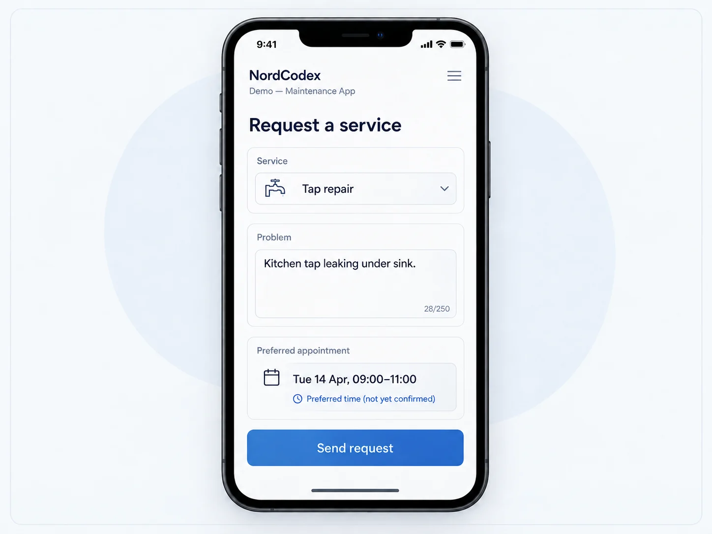 Demo maintenance request screen with a problem description and a preferred appointment that is not yet confirmed.