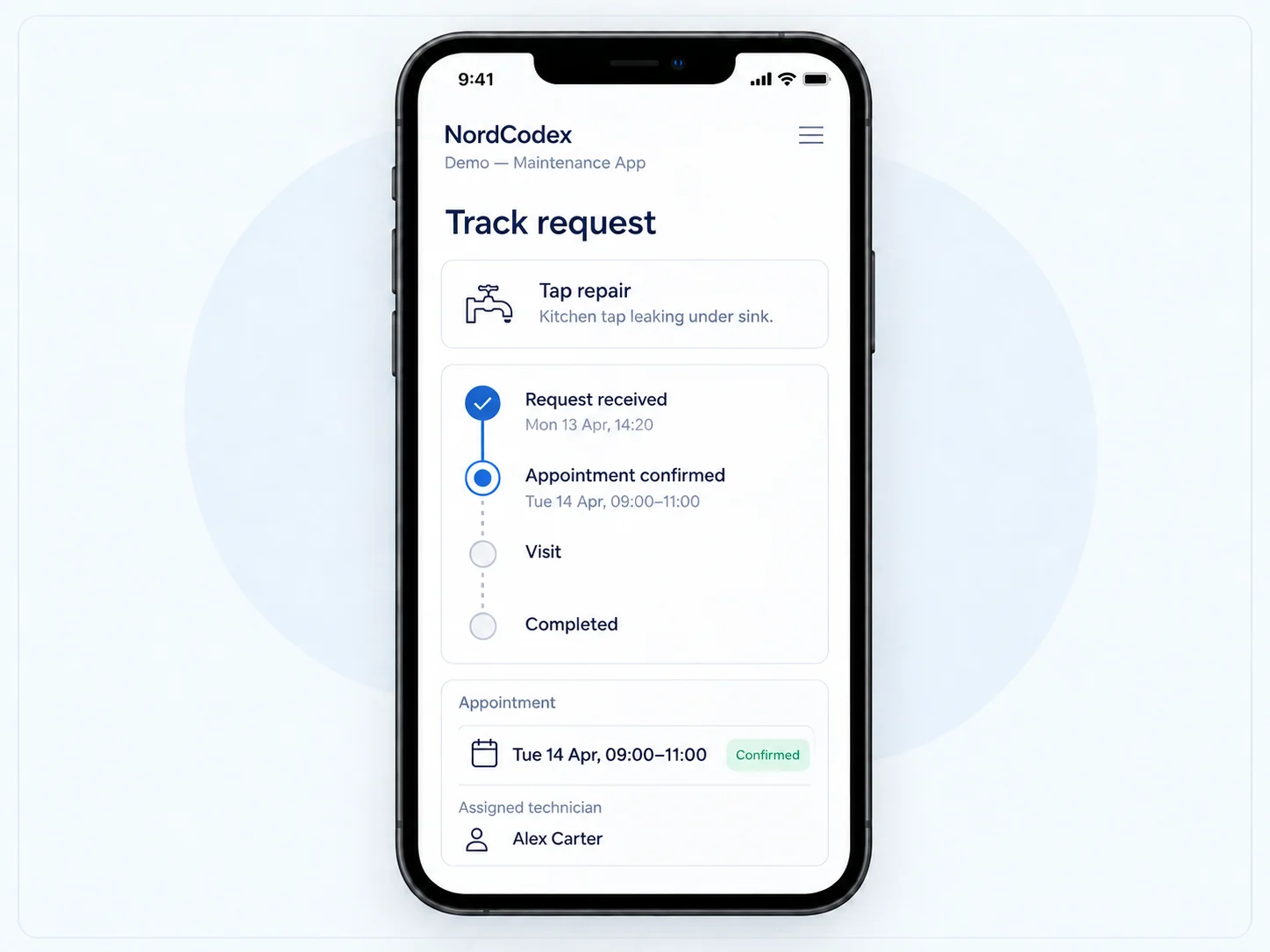 Demo request tracking screen showing a confirmed appointment and the remaining stages of work.