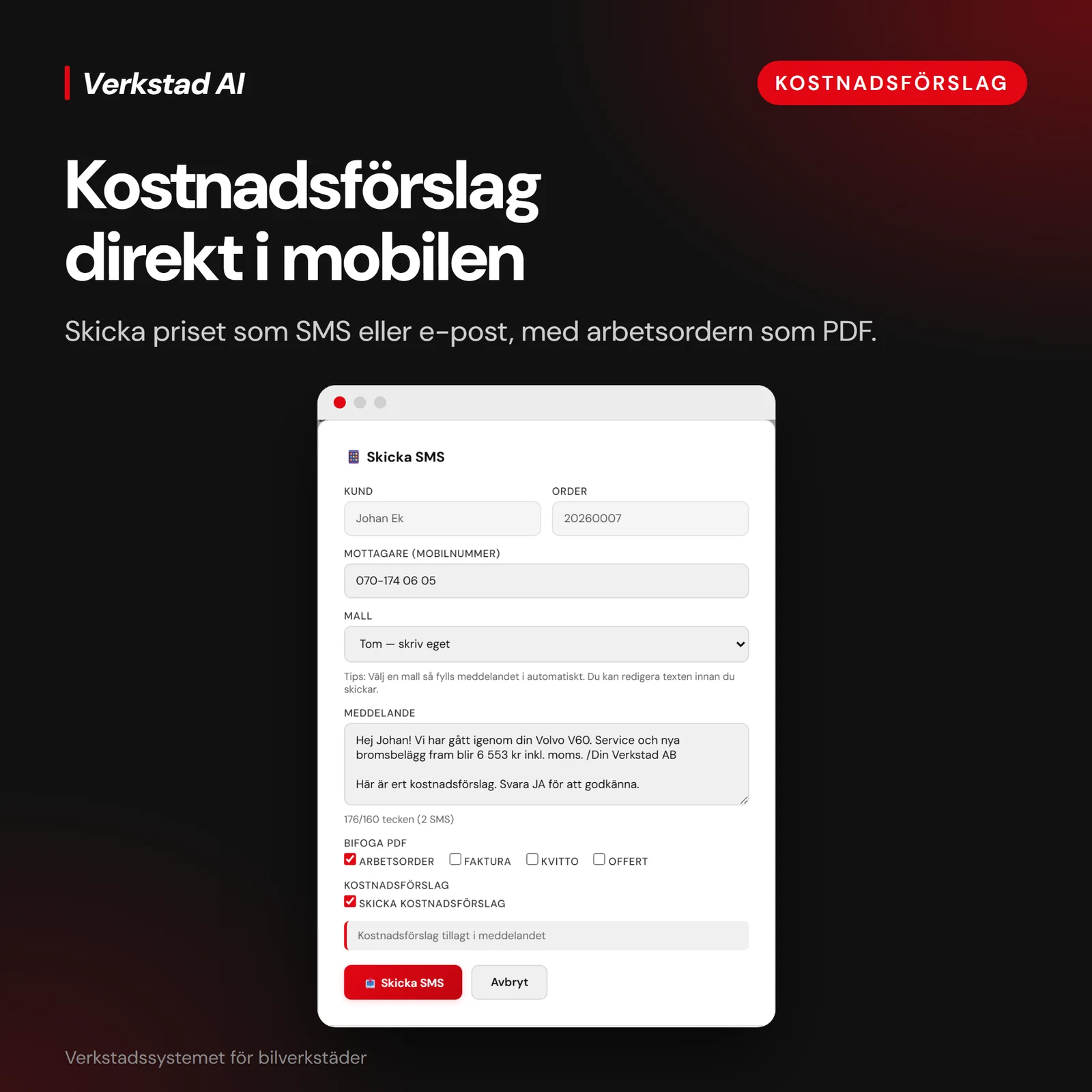 Verkstad AI SMS composer with an estimate message and a work order PDF attachment option, shown with demonstration data.