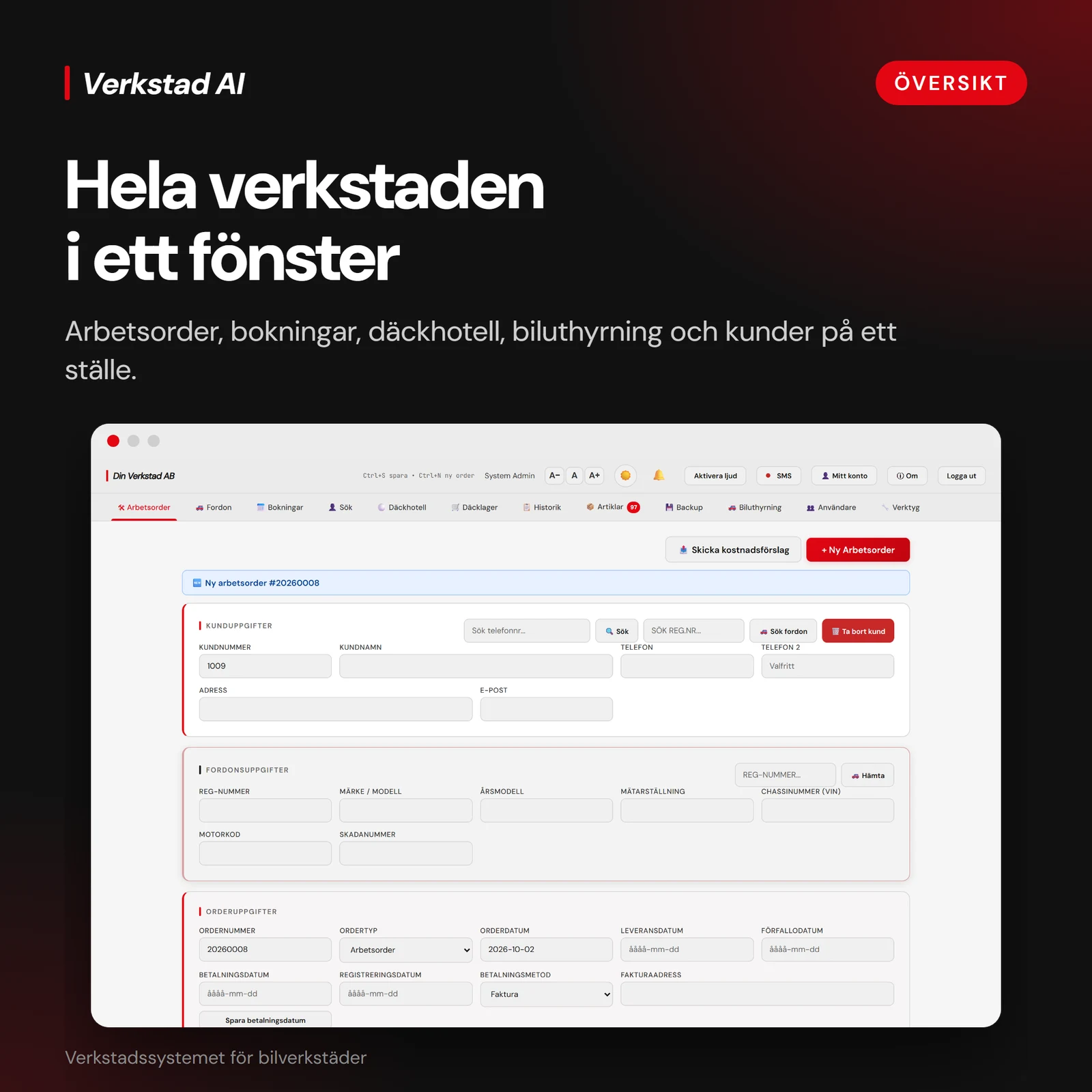 Verkstad AI work order form with customer, vehicle and work details, shown with demonstration data.