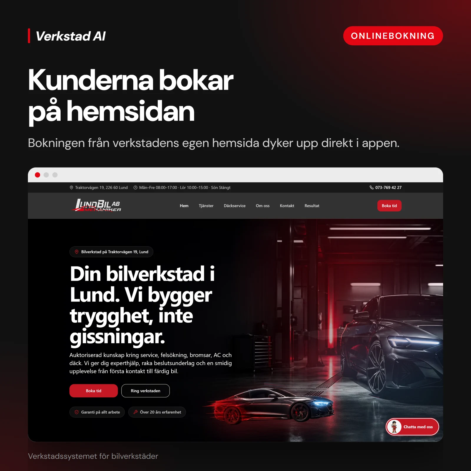Lund Bilmek website homepage built by NordCodex, showing workshop services and a booking link.
