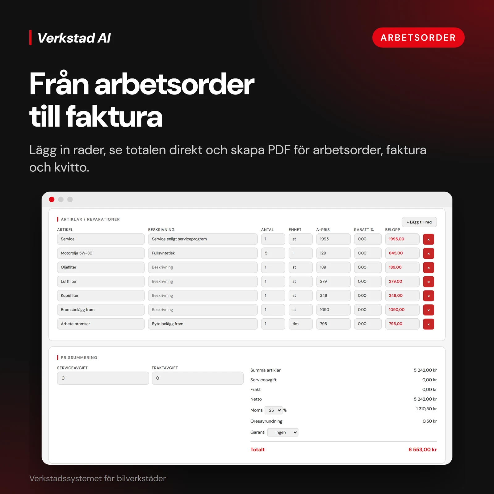 Verkstad AI itemised work order with prices and totals, shown with demonstration data.